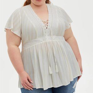 TORRID I CRINKLE GAUZE BABYDOLL TOP - TAN STRIPE